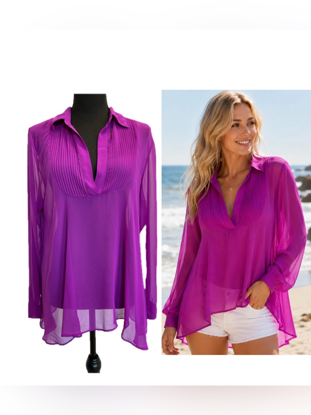 Free People fuchsia purple pleated semi sheer V-neck tunic top blouse Sz S